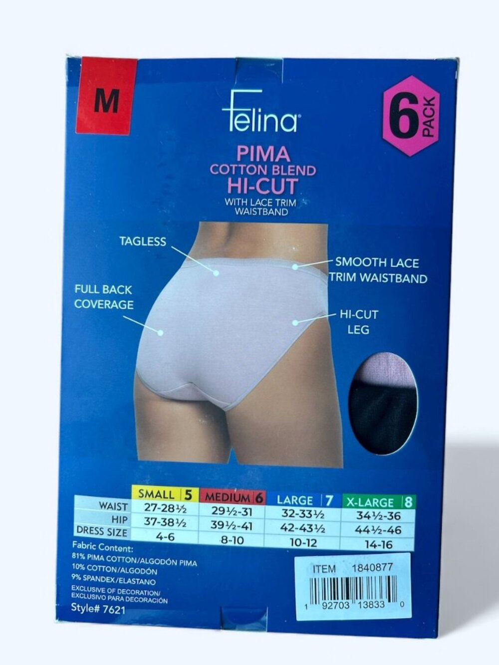 Felina Women's Pima Cotton Blend Hi-Cut, 6-pack Size M - Picture 2 of 2